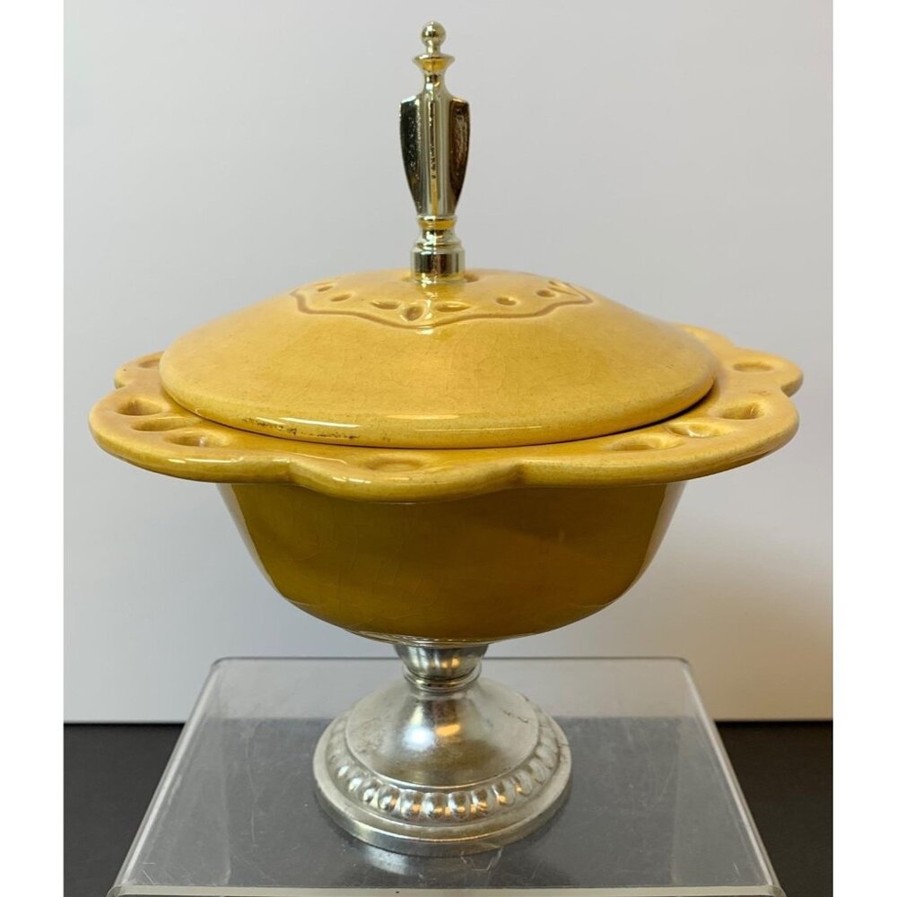 Mid Century Modern California Pottery Pedestal Dish With Lid, Yellow - #323 MCM